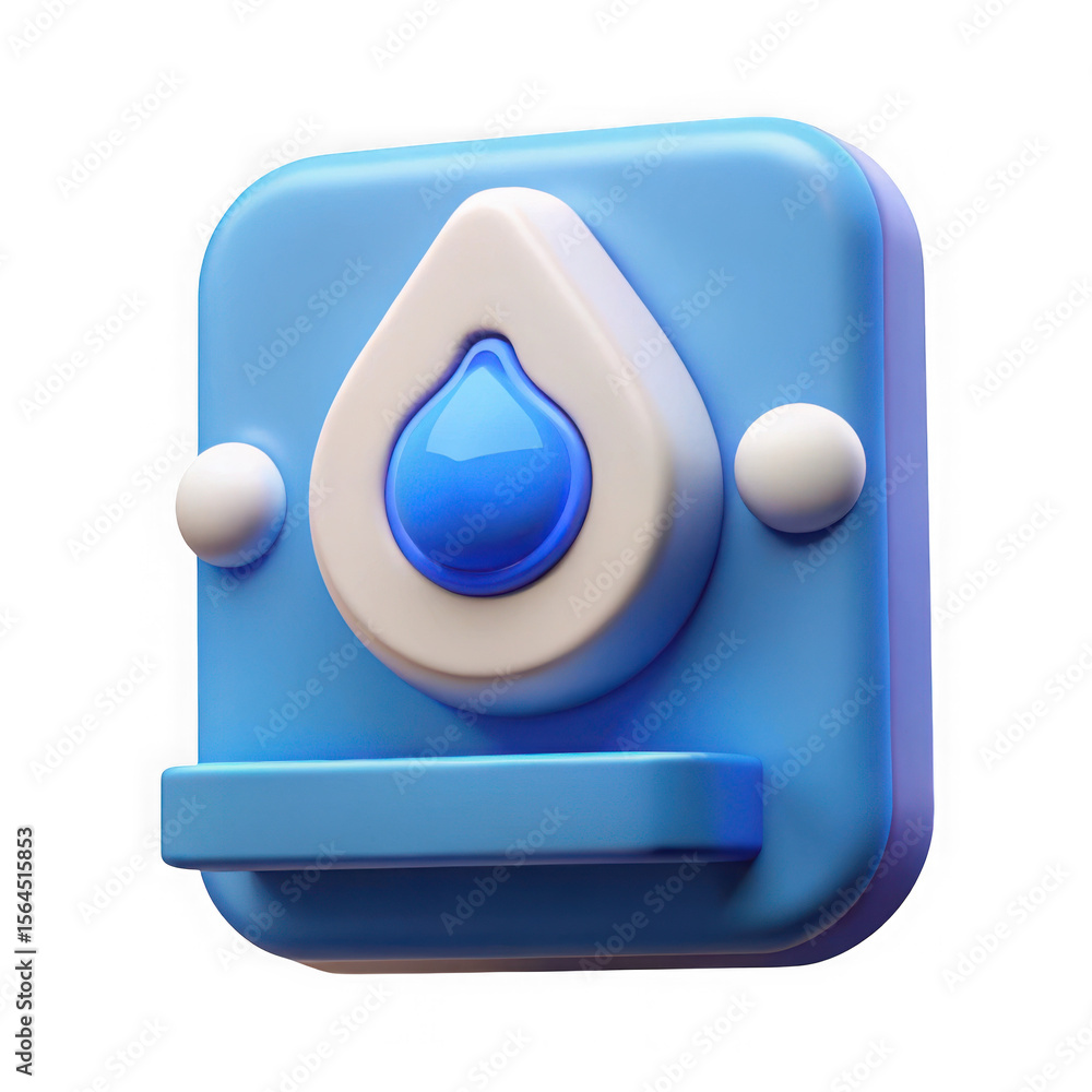 Poster stylized 3d render of a blue water drop icon with a shelf and spheres isolated on transparent backgr