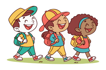 Three diverse happy cartoon children with backpacks walk together on a grassy path smiling brightly and wearing colorful outfits