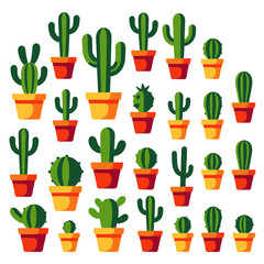 Cactus Collection in Pots-Desert Plants for Home Decor-Cute Cacti Illustrations-Trendy Succulent Set-Botanical Art Print-Variety of Potted Cactuses-Indoor Garden Concept