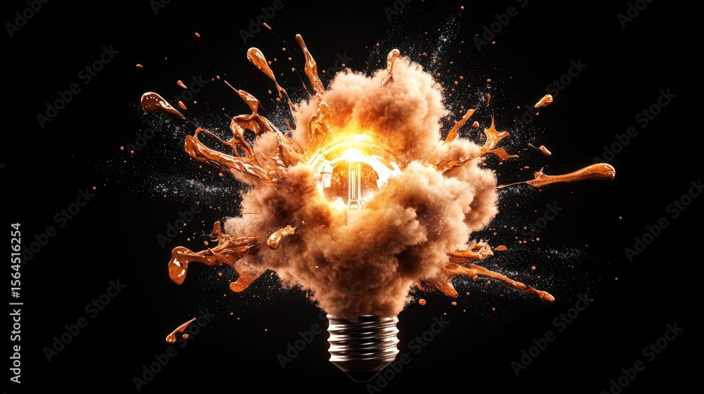 Poster explosive creative explosion of a lightbulb bursting with fiery smoke and dynamic sparks in dark bac