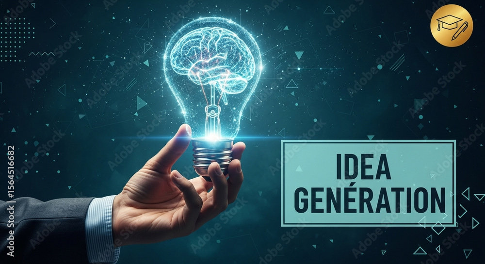 Poster hand holding lightbulb with brain inside next to idea generation text on a dark blue background