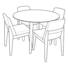 Vector illustration of a hand-drawn dining table with four chairs in clean black and white line art style. 