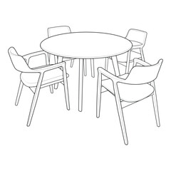 Vector illustration of a hand-drawn dining table with four chairs in clean black and white line art style. 