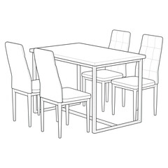 Vector illustration of a hand-drawn dining table with four chairs in clean black and white line art style. 