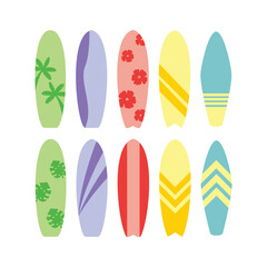 Collection of colorful surfboards for summer activities
