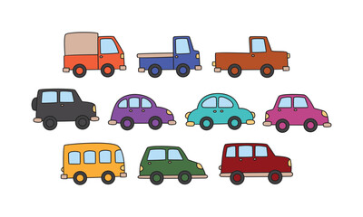 Collection of colorful hand drawn cartoon cars and trucks with outlines