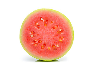Vibrant Half of Pink Guava Fruit Showcasing Juicy Flesh and Seeds, Isolated on a Crisp White Background for Tropical Freshness