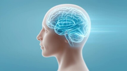 A human head with a hologram brain inside, representing memory loss, with clear copy space for text. - Powered by Adobe