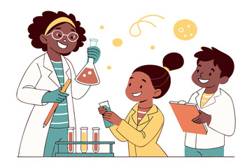 Diverse young scientists enthusiastically conducting a chemistry experiment with flasks and test tubes in a laboratory setting