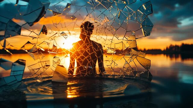 Silhouette of a person viewed through shattered glass over a sunset lake