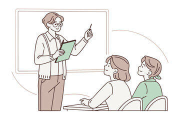 Teacher with glasses holding a tablet and pointer addresses attentive students sitting at desks in a classroom setting