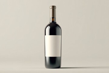 Fototapeta premium Single dark-glass wine bottle with a blank white label against a neutral background. High quality