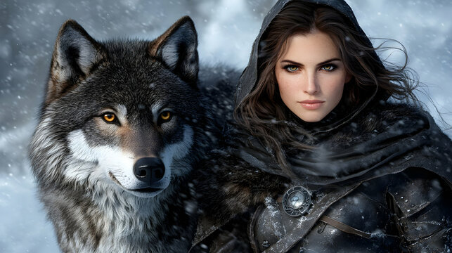 A hooded female warrior wearing armor accompanies a wolf in the snowy winter background wallpaper AI generated image - Powered by Adobe