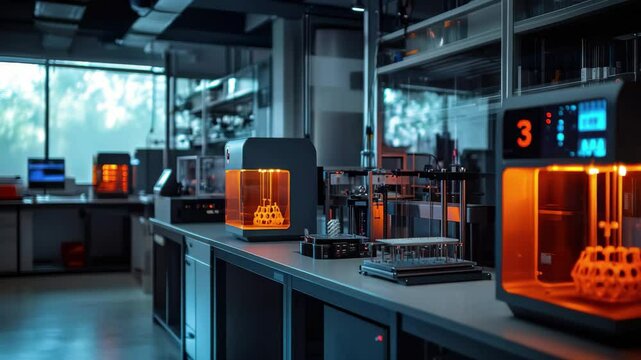 A close view of three d printers on a lab bench with computers and shelves in the background area there a