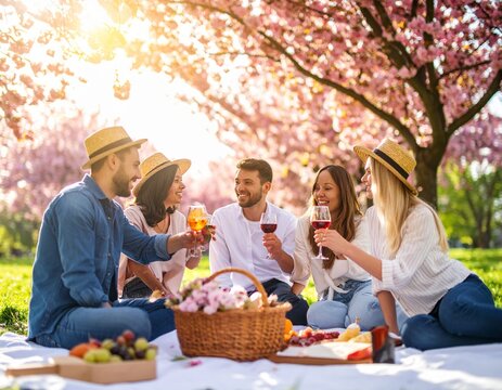 Friends having a picnic under cherry blossom trees, food and drinks on a blanket, soft focus, cheerful mood