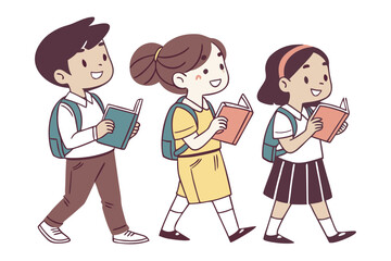 Three happy cartoon children two girls and one boy walk together holding open books and wearing backpacks and school uniforms