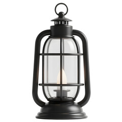 A black metal lantern with a glowing candle isolated on transparent background