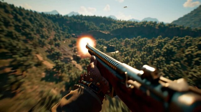 A paratrooper shooting with their gun while gliding in the air landing in rainforest area. Combat. A video game teaser. Computer game about war. Reloading a rifle