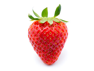 Single fresh red strawberry with green leaves isolated on a clean white background, perfect for showcasing fruit, healthy eating, and vibrant food photography.