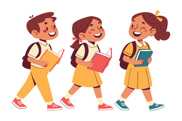 Three diverse cartoon children smiling and walking together carrying books and wearing backpacks ready for school