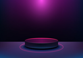 Futuristic Black Podium with Neon Pink and Blue Rim on Reflective Surface Under Magenta Spotlight for Technology Product Display, Showcase, Presentation, Mockup, and Studio Background Use