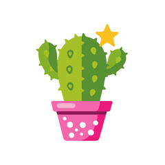 Cute Cactus in Pink Polka Dot Pot with Star- Whimsical Desert Plant Illustration- Bright and Cheerful Potted Succulent- Modern Cartoon Cactus Decor Element