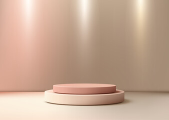 product display mockup with stacked cream peach pedestals in soft modern minimal scene for branding design template or showroom presentation background
