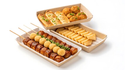 Food skewers and various snacks in paper trays
