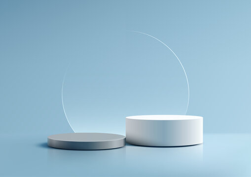 modern 3D scene shows white cylindrical podium and grey base on a blue surface, perfect for showcasing products in minimalist mockups, branding visuals, or showroom presentations