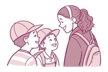 Joyful interaction between a young girl with a ponytail and two young boys wearing baseball caps and backpacks
