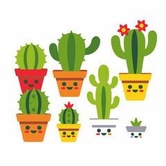 Cute Cartoon Cactus Collection-Smiling Succulents in Colorful Pots-Perfect for Kids Room Decor-Fun Botanical Art-Kawaii Plant Illustrations-Desert Theme Design