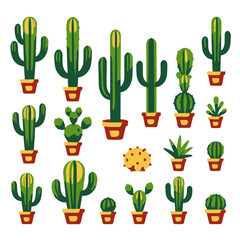 Cute Cartoon Cactus Collection-Various Potted Cacti-Botanical Vector Illustration-Desert Plants-Succulent Garden Design-Green and Yellow Cacti on White Background