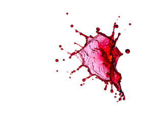 Captivating red liquid splash frozen in time, isolated against a pristine white background, showcasing dynamic movement and vibrant color