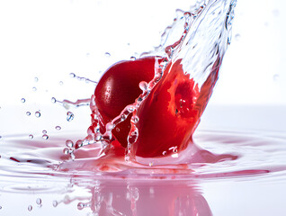 Two vibrant red plums plunge into clear water, creating a dynamic splash and ripples, highlighting freshness and natural purity against a clean white background.