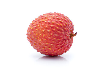 Studio shot of a single ripe lychee fruit with a textured red skin, isolated on a pristine white background, showcasing its unique vibrant color and fresh appearance. 