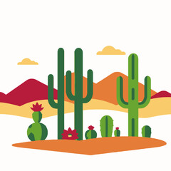 Desert Landscape Illustration-Cactus Plants and Blooming Flowers-Southwestern Scenery Graphic-Arid Climate Art-Colorful Desert Scene with Mountains and Sun