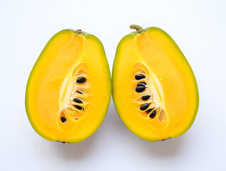 Halved Babaco fruit, showcasing its vibrant yellow flesh and distinctive black seeds against a bright white background, ideal for healthy eating and exotic fruit themes.