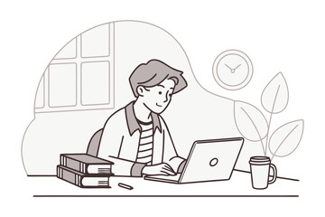 A young person focused on their laptop surrounded by books a coffee cup and a plant working diligently at a desk near a window