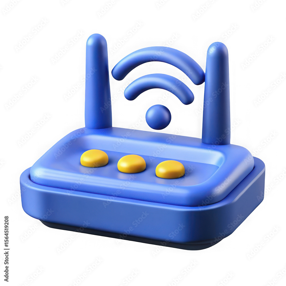 Poster modern blue wireless router with wifi signal and yellow buttons isolated on transparent background