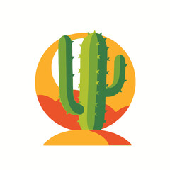 Stylized Desert Cactus Illustration-Vibrant Green Cactus against an Orange Sunset-Southwestern Desert Landscape Image-Modern Cactus Design for Graphic Projects