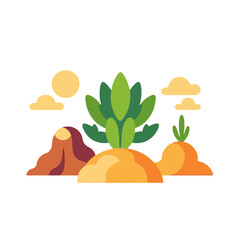 Whimsical Desert Landscape Illustration-Cartoon Cactus Scene with Sun and Clouds-Playful Nature Graphic for Kids-Colorful Desert Plant Image-Desert Eco System Vector