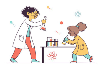 A scientist and a child in lab coats enthusiastically conduct a colorful experiment with beakers and test tubes on a white background