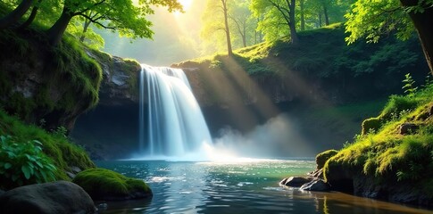Majestic Waterfall Cascading Through Lush Green Forest, Sunlight Illuminating Mist, Creating a Magical and Serene Atmosphere. Perfect for Travel, Nature, and Serenity Themes.