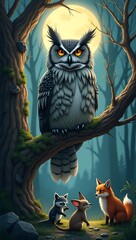 A wise old owl sitting silently on a tree branch at night while younger animals argue below, symbolizing how silence and observation lead to wisdom.
