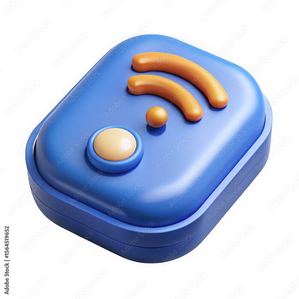Poster stylized 3d rendering of a blue wireless router with orange wi fi symbol and button isolated on tran