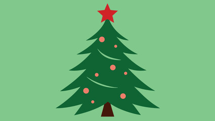 Vector art of a decorated christmas tree with red star on top and pink ornaments stands against a light green background