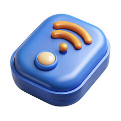 Stylized 3d rendering of a blue wireless router with orange wi fi symbol and button isolated on transparent background