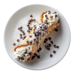 Cannoli topped with whipped cream and chocolate on transparent background