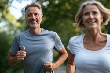 Smiling man jogging, Elderly couple exercising, Active senior health image