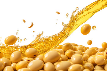Golden soybean oil pouring over a pile of soybeans against a dark background